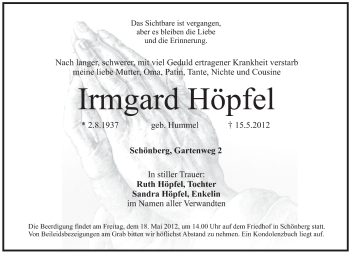 Traueranzeige von Irmgard Höpfel von Pegnitz-Zeitung